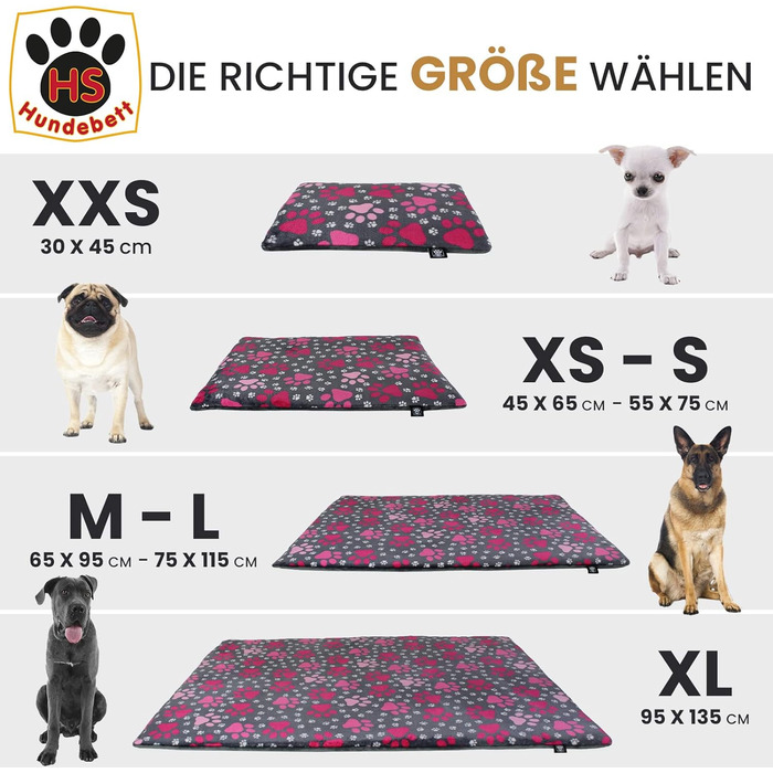 Лежак-мат для собак HS-Hundebett XS 45x65 см, двосторонній, з наповнювачем 3 см, сірий з лапкою, для дивана, авто і переноски, вироблено в Німеччині