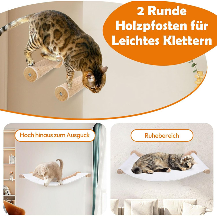 Настінна гамак для котів, комплект для лазіння з масиву дерева з котячою сходинкою - стабільне котяче ліжко, економне місце для сну, лазіння та відпочинку (гамак для котів + 2 сходинки)