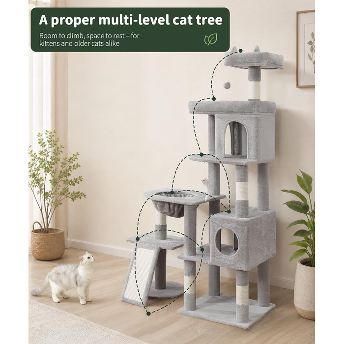 Комплекс для котів Kratzbaum XL 173 см, сірий: будиночок, платформа, дряпка, іграшки