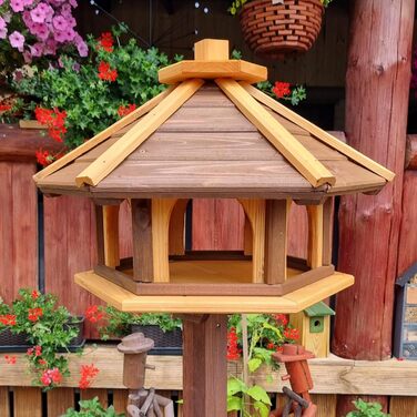 Дерев'яна годівниця для птахів шестикутна Vogel Futter Haus, садова кормова станція для диких птахів, коричнево-жовта