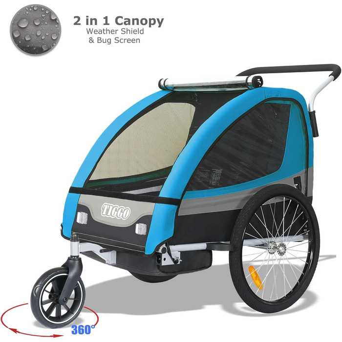 Дитячий причіп Tiggo 2 в 1: велосипедний причіп та біговий причіп для дітей, блакитний