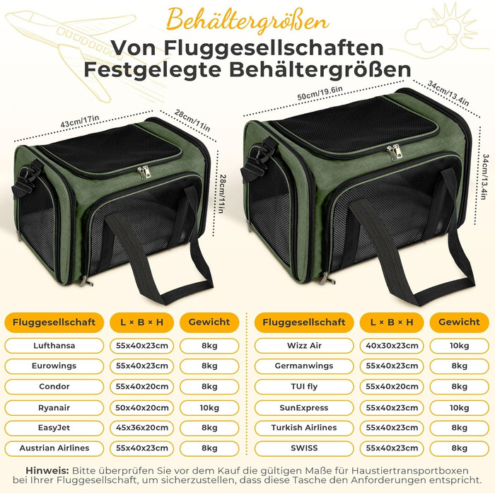 Транспортна сумка для кота/собаки до 5 кг, складана, з плечовим ременем, 50 x 34 x 34 см, зелена