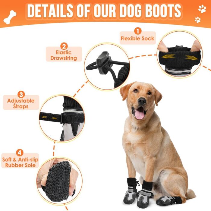 Чоботи для собак SlowTon, 2 шт., непромокаючі, антиковзні, з відбиваючим кріпленням, зимові, для снігу, для великих, середніх та маленьких собак, для спорту на відкритому повітрі, сірий (2 шт.), розмір 7 (Розмір 4: ширина 5.5 см, сірий (4 шт))