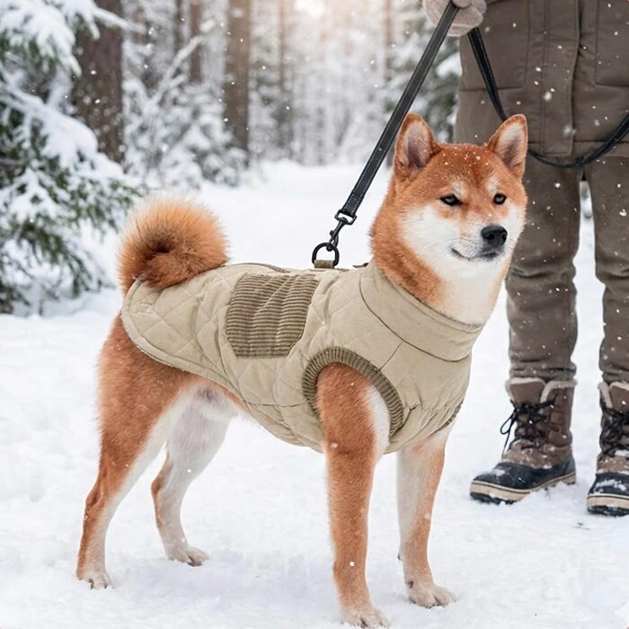 Зимовий теплий куртка для собак FeimaX: вітрозахисний халат з флісовою підкладкою, D-кільце, для маленьких та середніх собак (Хакі, L)