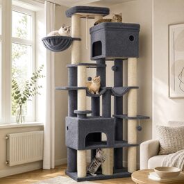 Ігровий комплекс для котів Hzuaneri XXL: кігтеточка-дряпка 185 см з 10 стовпчиками, темно-сіра (68 x 45 x 185 см)