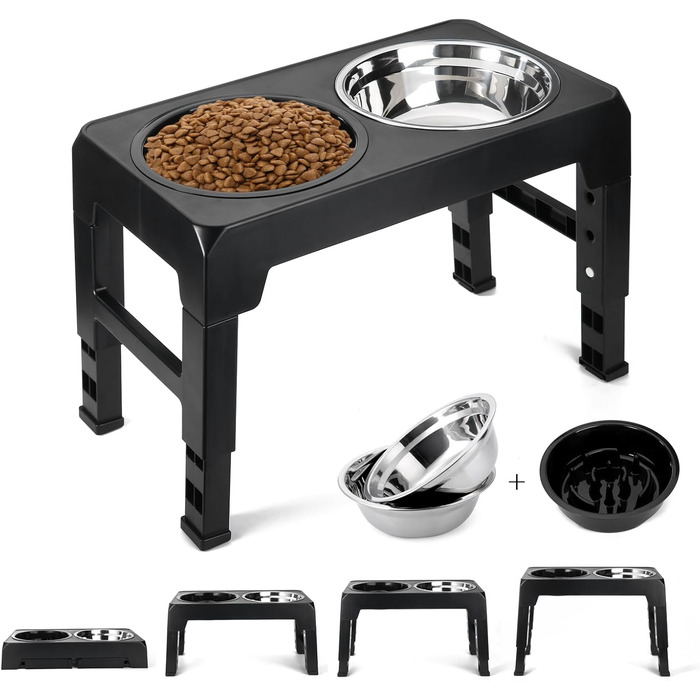 Підвищена годівниця для собак з регулюванням висоти, 4 положення, 2 миски з нержавіючої сталі та 1 миска для повільного годування, станція для годування собак великих, середніх та маленьких порід