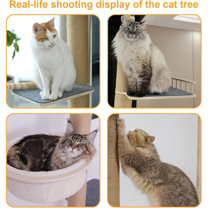 Кліматичний комплекс для котів 4-ярусний з аксесуарами, регульована висота (152,4–289,6 см), плюшеві стійки та великий гамак