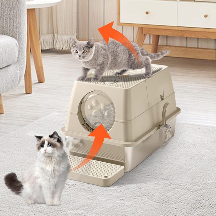 Hapihom котячий туалет із нержавіючої сталі з кришкою 60×40×39 см, закритий металевий туалет для котів із піщаним фільтром, педаллю та лопаткою, XXL, знімний високий борт, легко очищається, колір хакі