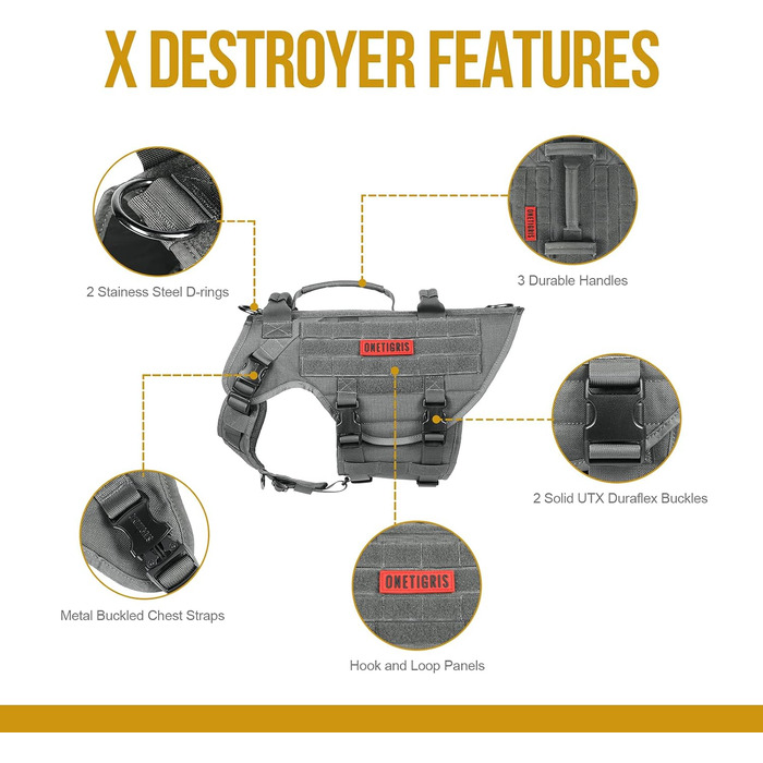 Тактична антизривна шлейка для собак OneTigris X Destroyer, регульована, з 3 ручками та 2 металевими пряжками, безпечна, сіра, розмір L
