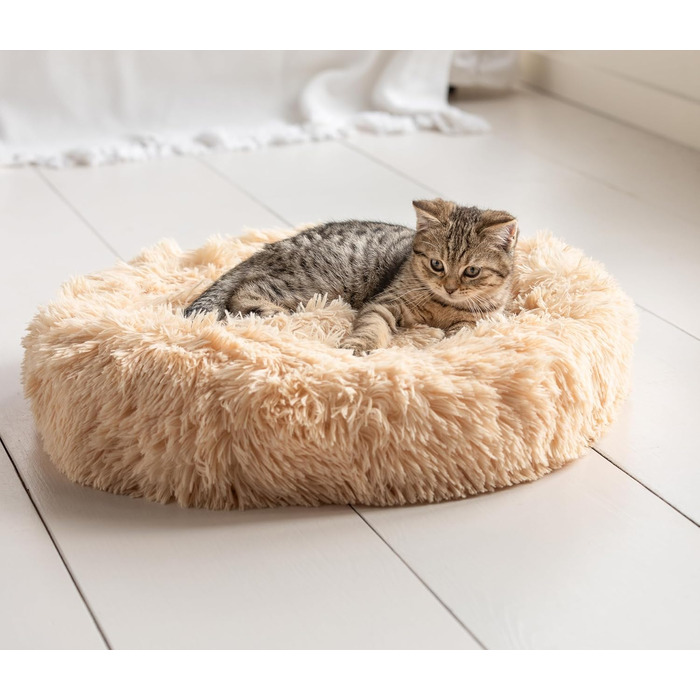 Ліжко для собак та котів Dehner Cookie, діаметр 58 см, висота 17 см, поліестер/плюш, бежеве