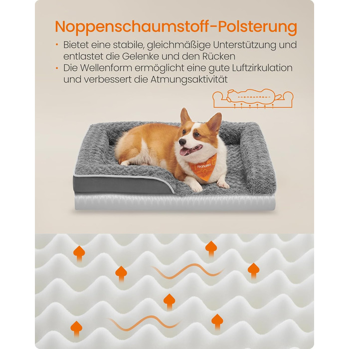 Ортопедичне ліжко для собак Feandrea середнього розміру, вологостійке, знімний плюшевий чохол, 91 x 68 x 16 см, сірий PGW252G02 L