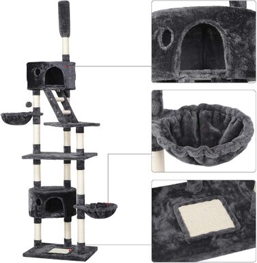 Yaheetech Котячий дряпак XXL, регульований, 228-255 см, 2 будиночки, кошик, сизаль, темно-сірий