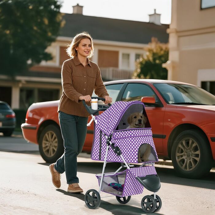 Дитяча коляска для котів та собак, 3 колеса, фіолетовий принт, з кошиком та тримачем для напоїв