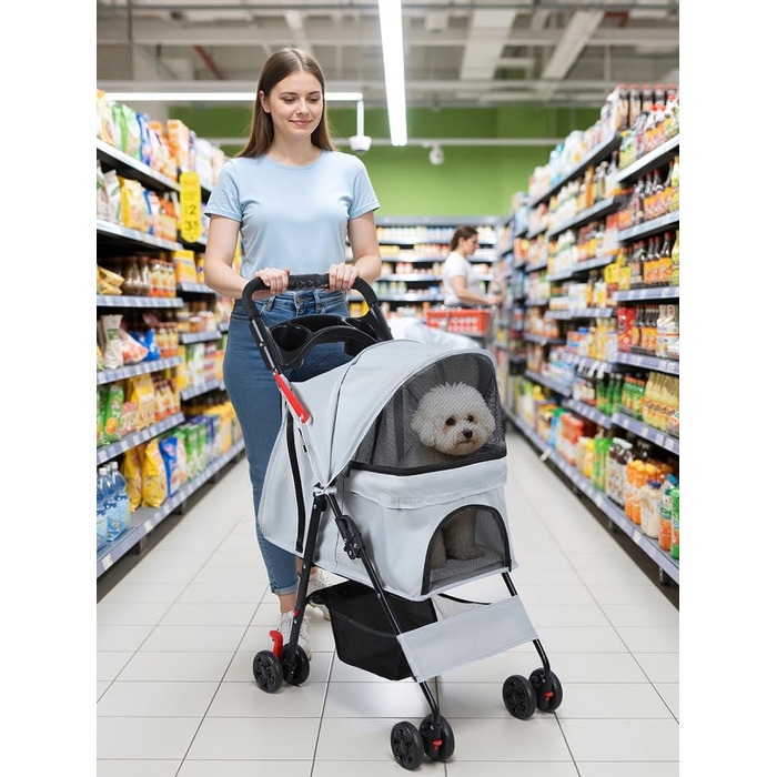 Складаний візок для тварин та дітей з обертовими колесами на 360°, кошиком для зберігання, міцним металевим каркасом та дихаючими сітчастими віконцями – портативний переносник для котів та собак до 22 кг (Сірий)