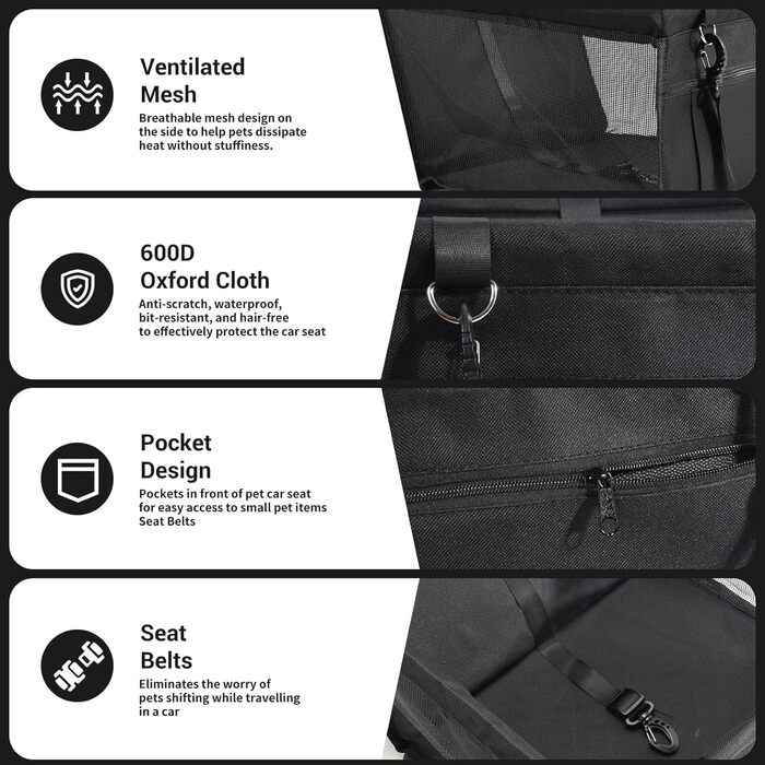 Автомобільний сидіння для собак - чорний, з Oxford тканини, дихаючий, знімне, для собак маленьких та середніх порід