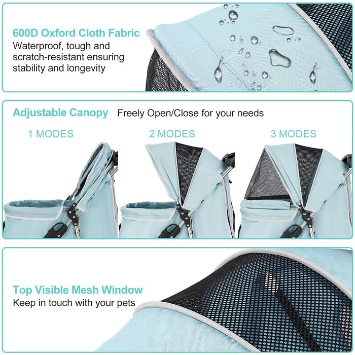 Візок для собак до 15 кг, складаний, з кошиком для зберігання, сітковими вікнами, блакитний, з дощовиком