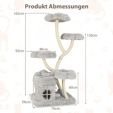 Дерев'яна кігтеточка для котів COSTWAY 165 см з 4 лежаками, будиночком та сизалевими стовпчиками, велика, з металевим каркасом, сіра