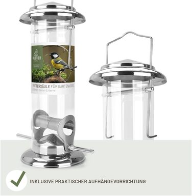 Годівниця для птахів Wildtier Liebe, зелена - з нержавіючої сталі, годівнична колонка, годівничий силос для диких птахів, цілорічне годування (23,5 см, срібло)