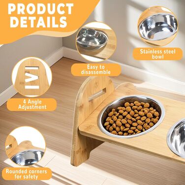 Набір мисок для собак та котів SilverChry: підняті миски з нержавіючої сталі, регульована висота, бамбукова годівниця, 2 шт.