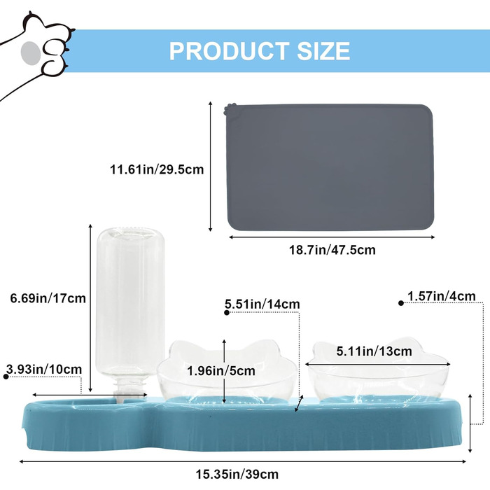 Набір мисок для котів та собак 2-в-1 з диспенсером води, антиковзаючою підкладкою та лопаткою (блакитний)