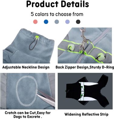 Флісовий теплий зимовий одяг для собак, куртка-комбінезон з D-кільцем, регульований, для маленьких та середніх собак (Сіро-блакитний, M)
