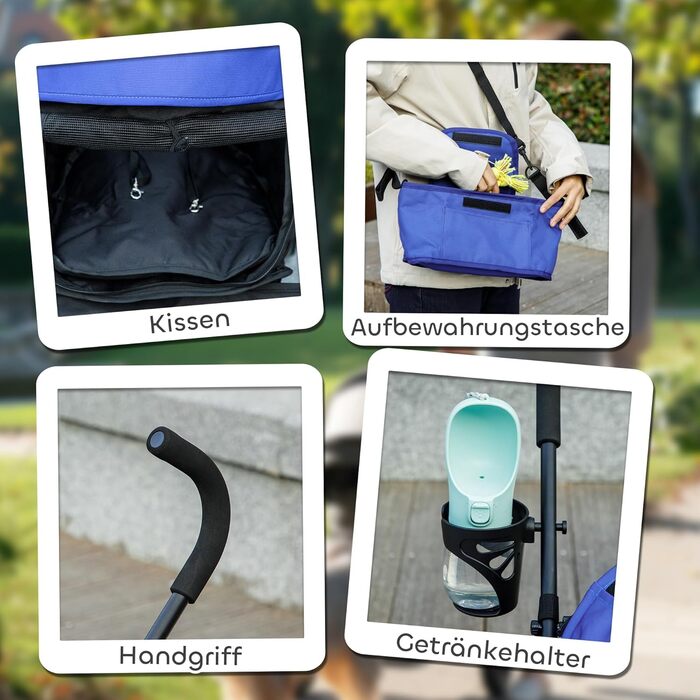 PawHut Візок для собак і котів, складаний, до 4 кг, з сітковими віконцями, ременем через плече, кишеню для зберігання, тримач для чашки, парасолька, темно-синій