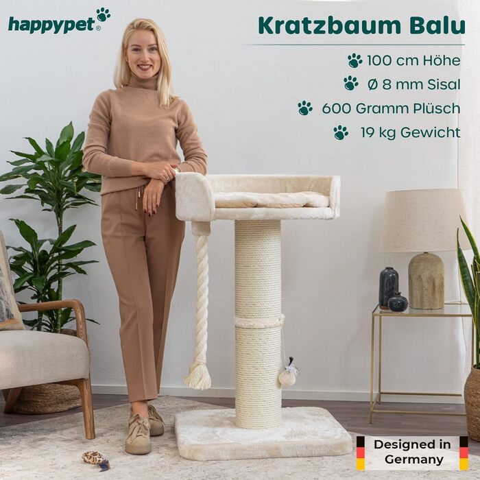 HAPPYPET Преміум кігтеточка 'Balu' для великих котів - стабільна, кігтеточка, комплексна конструкція, для Мейн-кун, Регдолл, міцний сизаль, товсті стовпи 18 см, 100 см заввишки, кремовий колір BASIC кремовий