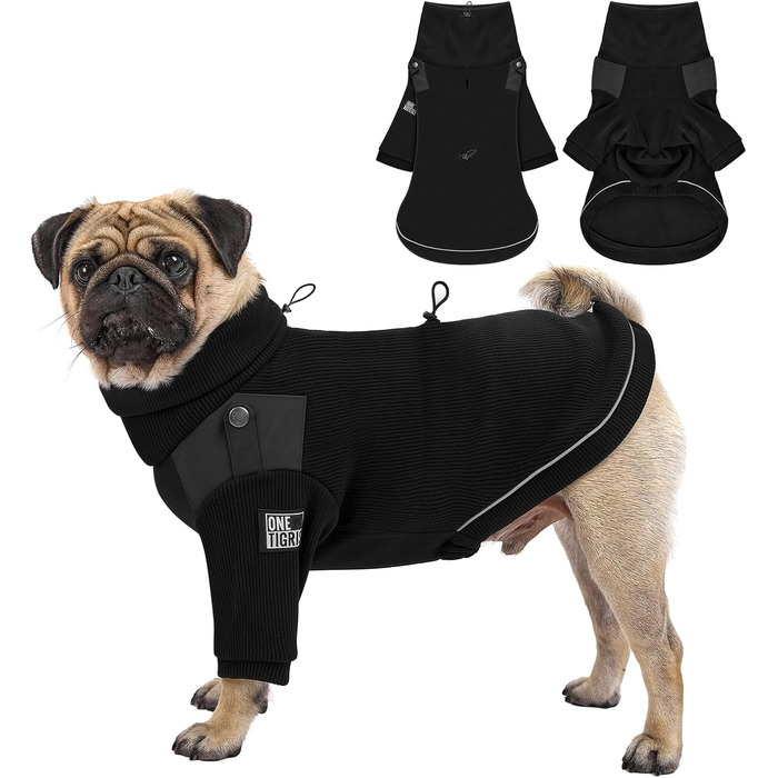 Пуловер для собак OneTigris, теплий флісовий одяг з петлями для ніг та отвором для повідка, зручний для вигулу, з високим коміром, з переробленого поліестеру, еластична куртка для собак, L, 20-30кг, чорний