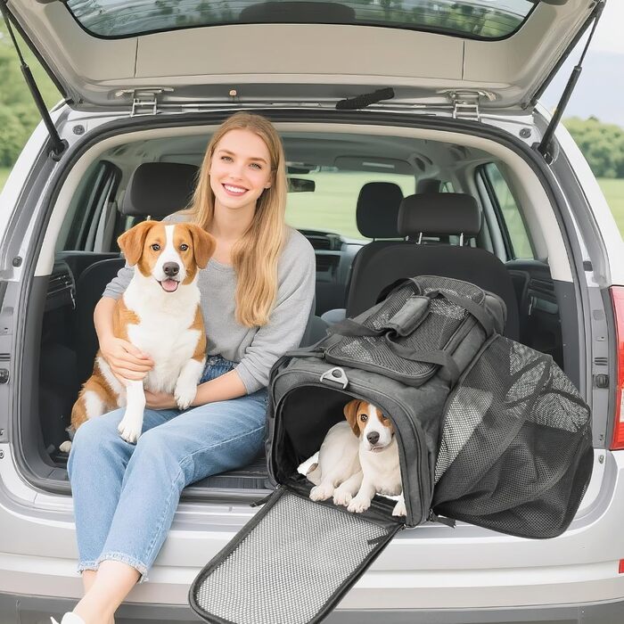 Транспортна сумка для котів та собак, переноска, дихаюча та легка, переноска для котів з регульованим плечовим ременем, знімна подушка (Чорний, XL)