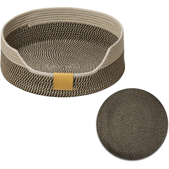 Квіткове ліжко для кота, 50 см, плетений кошик-гніздечко, дихаюче ліжко для тварин, міцне, стійке до подряпин, сірий, чорно-хакі (M)