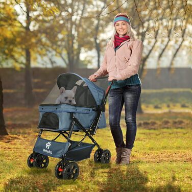 Візок для собак Wedyvko до 20 кг, 4 колеса, складний, для маленьких та середніх собак та котів, з кошиком та тримачем для напоїв, блакитний