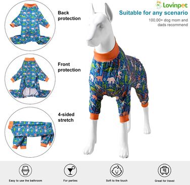 LovinPet комбінезон для великих собак, післяопераційний, для догляду за ранами, повний захист, легкий, еластичний, з динозаврами, піжама для собак