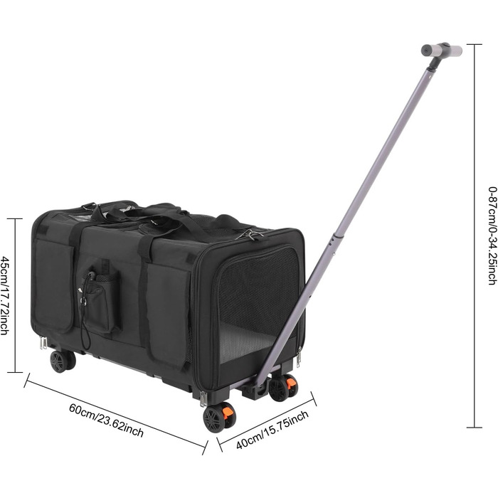 Транспортна переноска для котів та собак, мобільна сумка для 2 тварин, з колесами, знімна, складана, вантажопідйомність 17,5 кг, для прогулянок та парку (Чорний)