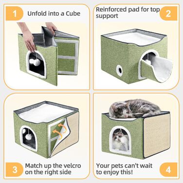 Ліжко-куб для котів Purr&Khead з подушкою, знімним кігтеточкою та іграшкою, велика складна котяча хатка 42x42x33 см, зелена, для домашніх котів