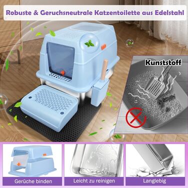 SZEETECH Коробка-лоток для котів XXL з нержавіючої сталі з кришкою, блакитна, з лопаткою, килимком та підставкою