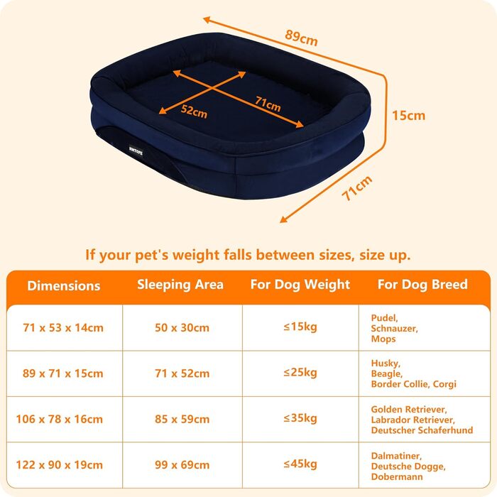 Ортопедичне ліжко для собак, диван-софа з підголовником, кошик для собак з неслизьким дном, знімний та пральний, для маленьких та середніх собак, 90 x 71 x 15 см, темно-синій