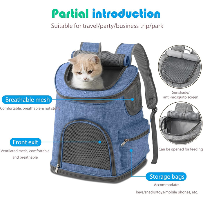 PETCUTE Рюкзак для собак, дихаючий, з м'яким матрацом, складний, з безпечною шлейкою, для подорожей, велосипеда, літака (Темно-синій 1)