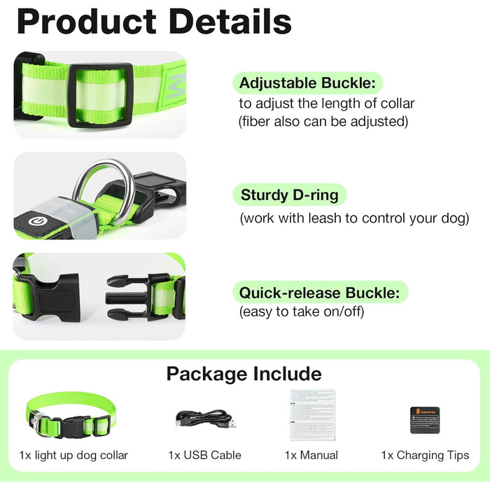 Світлодіодне нашийник для собак Leuchthalsband PcEoTllar, водонепроникний, 7 кольорів, регульований, для маленьких та великих собак, чорний (зелений, S)