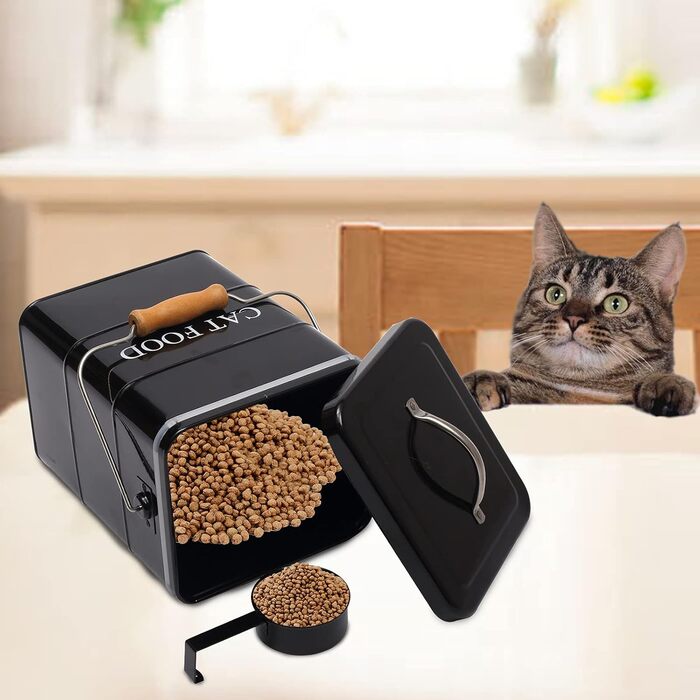 Банка для корму котів Morezi з кришкою та ложкою, чорна, контейнер для сухого корму