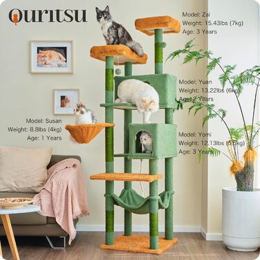 Ouritsu XLF001GB Дряпак для великих котів, котячий будинок із 2 широкими лежаками, 2 великими домівками, 5 стовпчиками з сизалем, 2 гамаками, колір кактусовий зелений, для дому