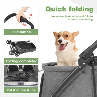 Дитяча коляска для собак з 4 колесами, складна, з регульованою ручкою, подвійна місткість, вагон-візок для собак, з передньою дверцею, для маленьких (Блакитно-зелений) (Темно-сірий)