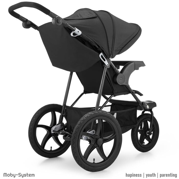 Дитяча коляска Moby-System Runner Mountain 3-колісна з дощем, вантажопідйомність 15 кг, комплект аксесуарів, 5-точкова система ременів, відбивачі, віконце та кошик для речей - Чорний