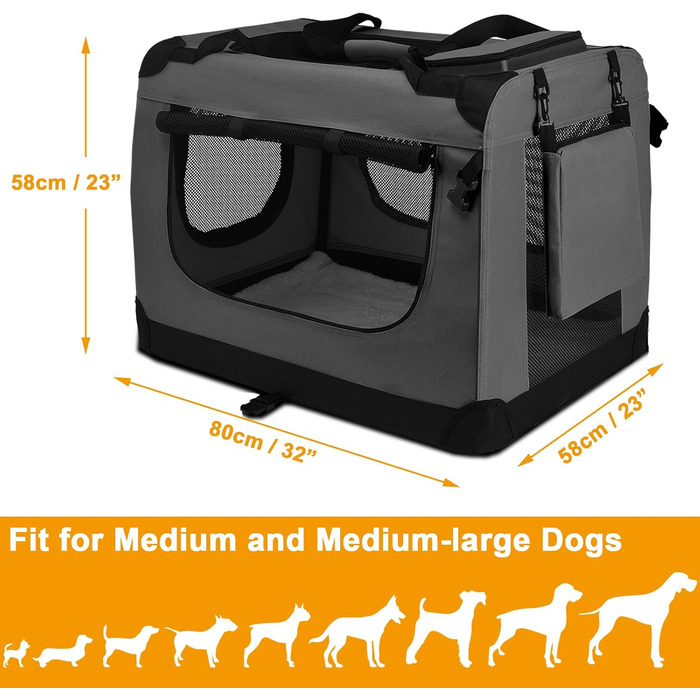 Транспортна переноска для собак PISPET - складана переноска з м'якою підкладкою, зручне собаче ліжко (80x55x55 см), антрацит-сірий