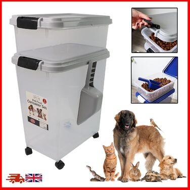 DIVCHI Контейнер для зберігання корму для тварин 3в1 з мірною ложкою, сірий. Підходить для собак, котів та інших тварин. Герметичний, з роликами, для сухого корму