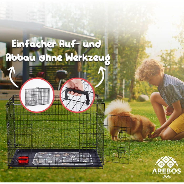 Складаний металевий вольєр для собак AREBOS 63x45x51 см, чорний, для авто та дому, з 2 дверима, з ковдрою і мискою