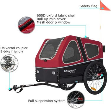 Doggyhut S-Line XL: прогулянка для собак - візок-причеп 2 в 1, до 45 кг, з амортизацією (червоний/чорний)