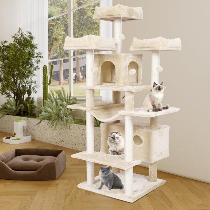 Драбина для котів MSmask XXL, 175 см, з 3 великими оглядовими платформами та сизалевими шматками для шліфування кігтів (Бежевий)