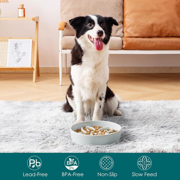 Миска для собак Vancasso з кераміки для повільного годування, пазл-миска з квітковим лабіринтом, протиковзна миска для великих порід, 3 чашки, сіро-блакитний колір