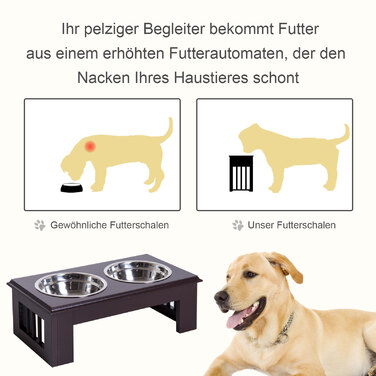 PawHut Dog Bowl Набір з 2 мисок для їжі з нержавіючої сталі, піднята миска для кішки, МДФ, проста в обслуговуванні, кава, 44x24x15см| Аосом