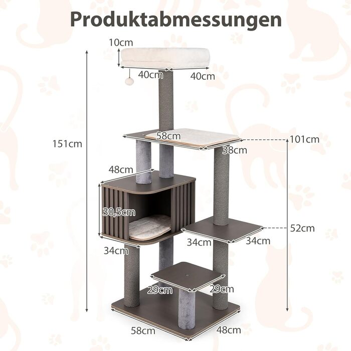 Дерев'яний кігтеточки для котів COSTWAY 151 см з платформами, печерею, кігтеточками та іграшками, сірий